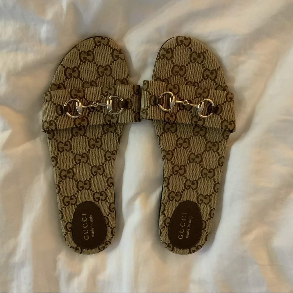 Gucci Tan Monogram Slide Sandals